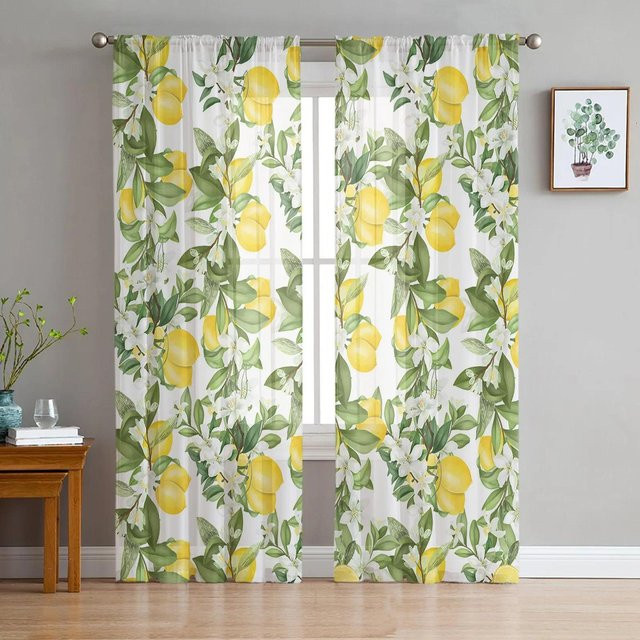 Transparente Tüll-Vorhänge mit Zitronenblatt- und Blumenmuster in Weiß, B: 135 cm, H: 115 cm - Bild 1