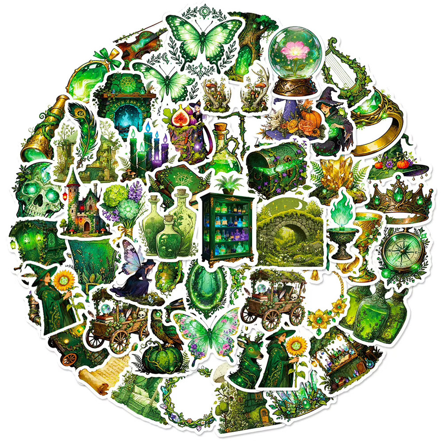 Rspctou Aufkleber Set Magischer Wald und Hexe in Grün im Retro Gothic Stil für Tagebuch und Koffer - Bild 2