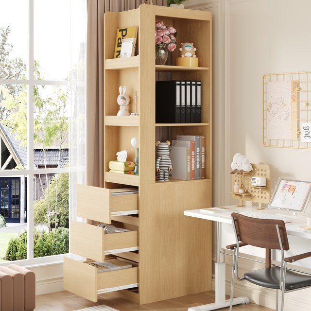 PINGGO schmales Bücherregal in Eiche mit 3 offenen Fächern und 3 Schubladen, B/T/H: 60 x 40 x 200 cm - Bild 1