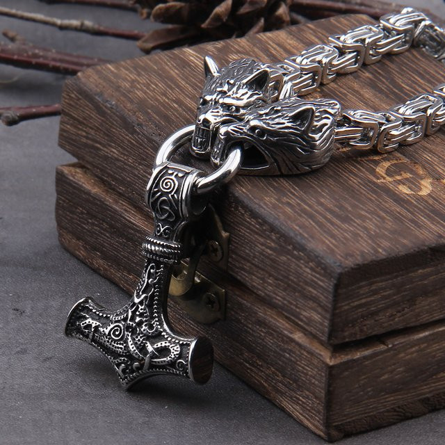 Vikings Jewelry Halskette Edelstahl, Wolfskopf, Thor Hammer Mjolnir, Unisex - Bild 1