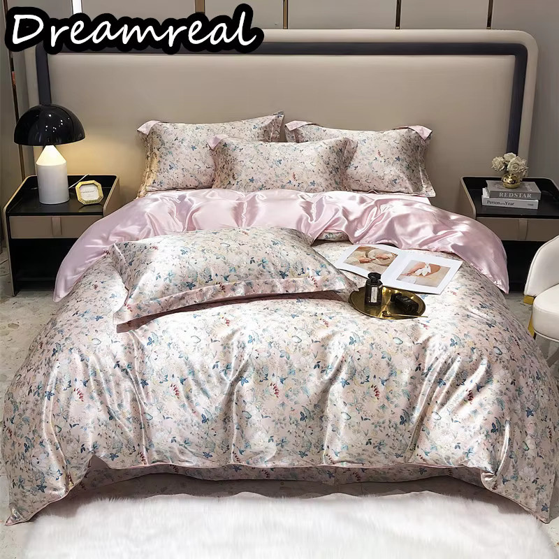 Dreamreal Bettwäsche-Set aus Maulbeerseide mit Bettbezug, Bettlaken und Kissenbezug in Pink mit floralem Design - Bild 2