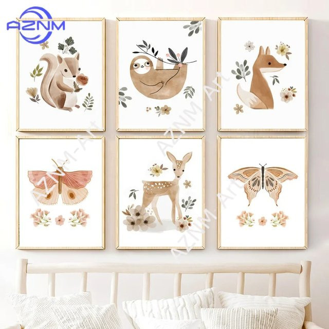 AZNM Wandkunst Poster im skandinavischen Aquarell-Stil mit Tier-Illustrationen für das Kinderzimmer, Mehrfarbig, Rahmenlos - Bild 1