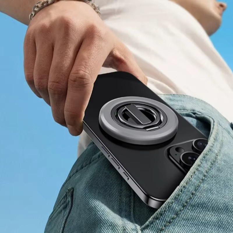 Magnetischer Telefonhalter aus Legierung mit 360 Grad Rotation und doppelt gefaltetem Design für iPhone und Samsung, Desktop-Ringständer in Schwarz oder Orange - Bild 5