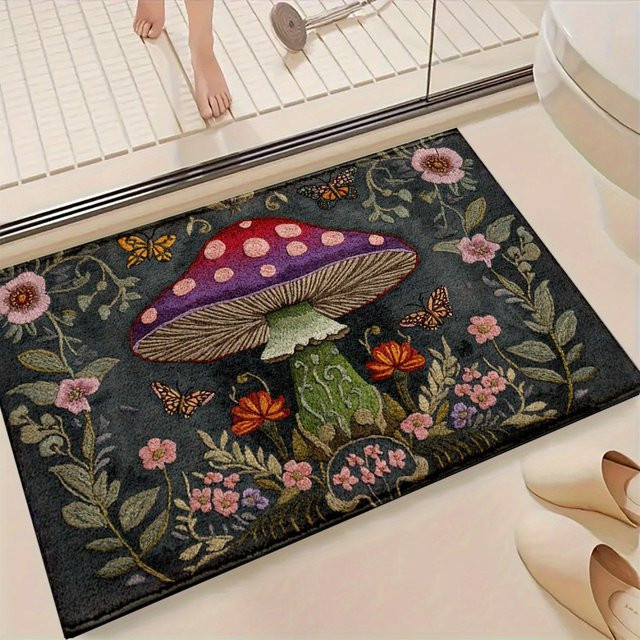 VIKAMA Fantasy-Pilz-Fußmatte mit floralem Motiv in Grün und Lila, B/T: 60 x 40 cm - Bild 1