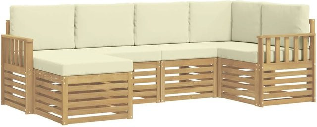 vidaXL Outdoor-Sofagarnitur 6-teilig in L-Form aus Akazienholz mit Polstern in Weiß und Beige - Bild 1