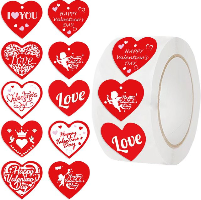 500 Stück Valentinstag-Herzaufkleber-Rolle in Rot mit Happy Valentine's Day Motiv, runde Klebeetiketten aus Papier für deine Party-Dekoration - Bild 1