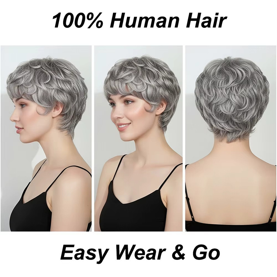 OYM HAIR Perücke, kurze Pixie-Perücke mit Pony, 100 % Echthaar, Grau - Bild 4