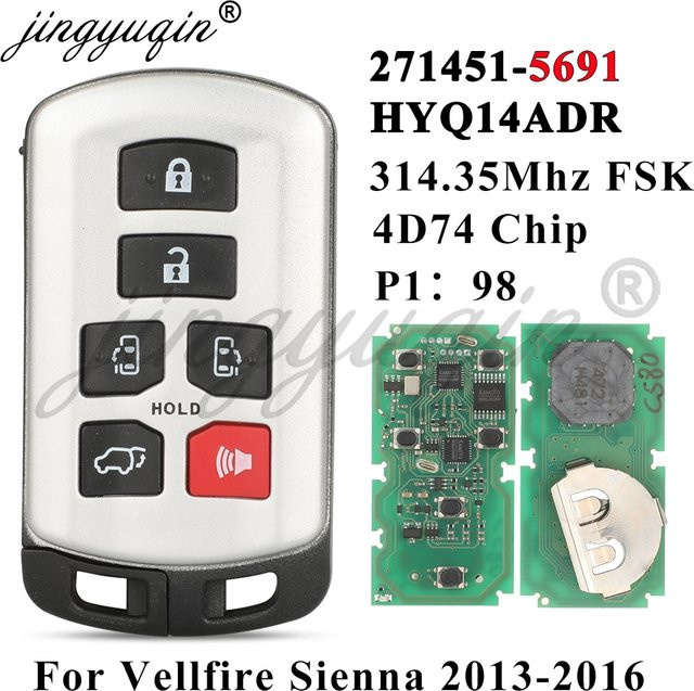 Jingyuqin Smart Keyless Go Remote Key Fob für Toyota Vellfire Sienna 2011-2020, 6 Tasten, 314,3 MHz, 4D74 Chip, Farbe: Silber - Bild 1