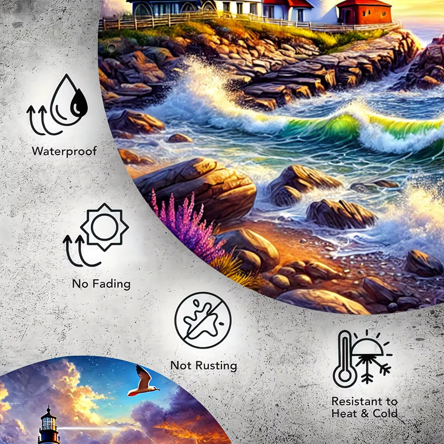 Potdemiel Rundes Metall-Wandbild mit Leuchtturm und Meer bei Sonnenuntergang, Mehrfarbig, Durchmesser: 20 cm - Bild 5