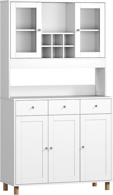 HOMCOM Küchenschrank als Buffetschrank und Vorratsschrank in Weiß mit Glastüren, Schublade und verstellbaren Regalen, B/T/H: 100 x 40 x 180 cm - Bild 1