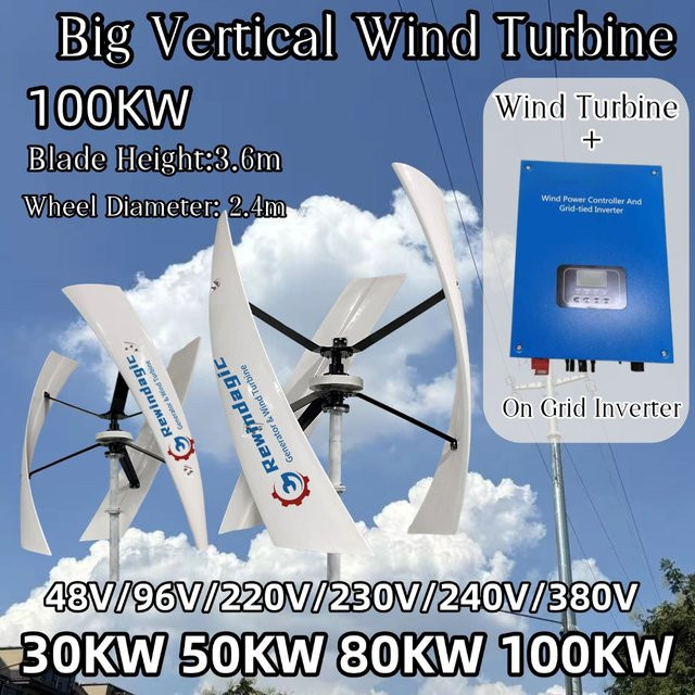 Rewindagic Vertikale Windturbine mit Permanentmagnet-Generator und netzgekoppeltem Wechselrichter, 3-Phasen-Generator, Weiß - Bild 1