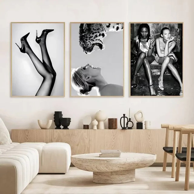 Potdemiel Kate Moss Portrait Leinwand Wandkunst in Schwarz-Weiß für moderne Wohnzimmer und Schlafzimmer - Bild 1
