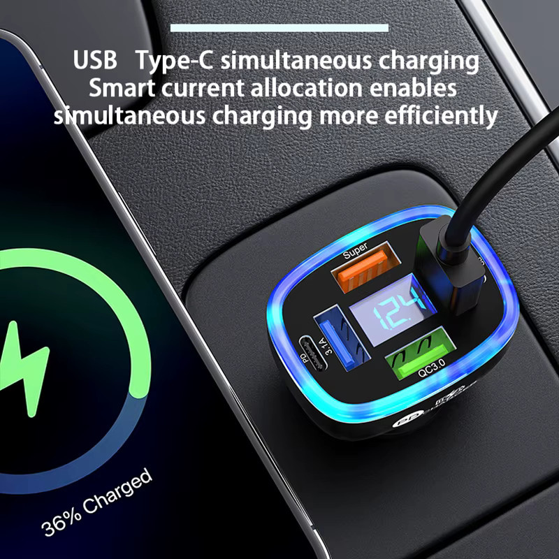UYUXIO 6-in-1 USB-C Autotelefon-Ladegerät mit Spannungsanzeige in Schwarz für Samsung, iPhone 16 15 Pro Max und OnePlus - Bild 2