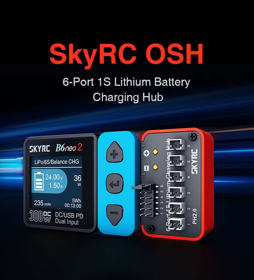 SKYRC OSH 6-Port 1S Batterielade-Hub für LiPo LiFe Li-Ion LiHV in Rot - Bild 2