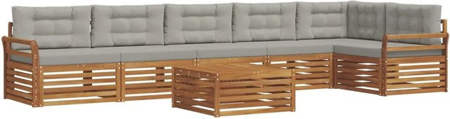 vidaXL Outdoor-Sofagarnitur aus Akazie Massivholz in L-Form mit Kissen, 7-teilig, Natur und Hellgrau - Bild 1