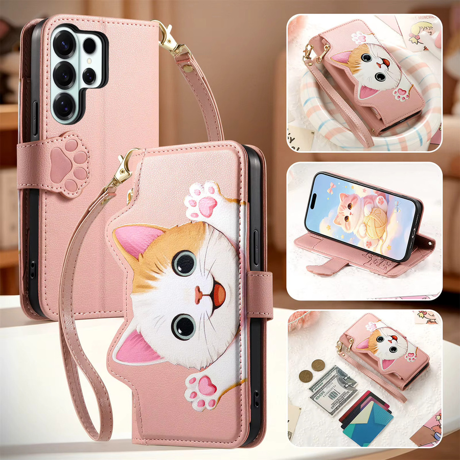 Lederhülle mit Riemen und Reißverschluss für Samsung Galaxy S26 Ultra S25 Edge S24 S22 Plus S23 FE A57 A27 A37 A56 A36 A55 mit Karten- und Handyfach in Grün und Pink - Bild 6