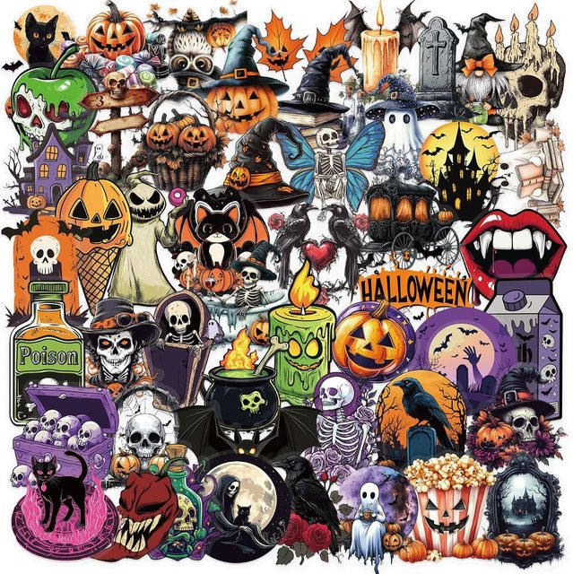 50-teiliges Set wasserfeste Cartoon-Halloween-Aufkleber von Anime Worlds Store in transparent und Multicolour zur Dekoration von Gitarren und Notizbüchern - Bild 1