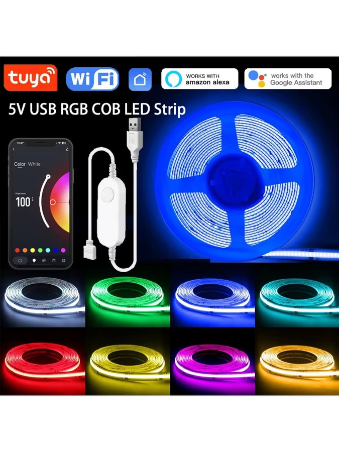 YSRSAI Tuya WiFi RGB COB LED-Streifen mit 576 LEDs, dimmbar, USB-Anschluss, intelligente Sprachsteuerung für Alexa und Google Assistant, Multicolour TV-Hintergrundbeleuchtung zur Raumdekoration - Bild 6