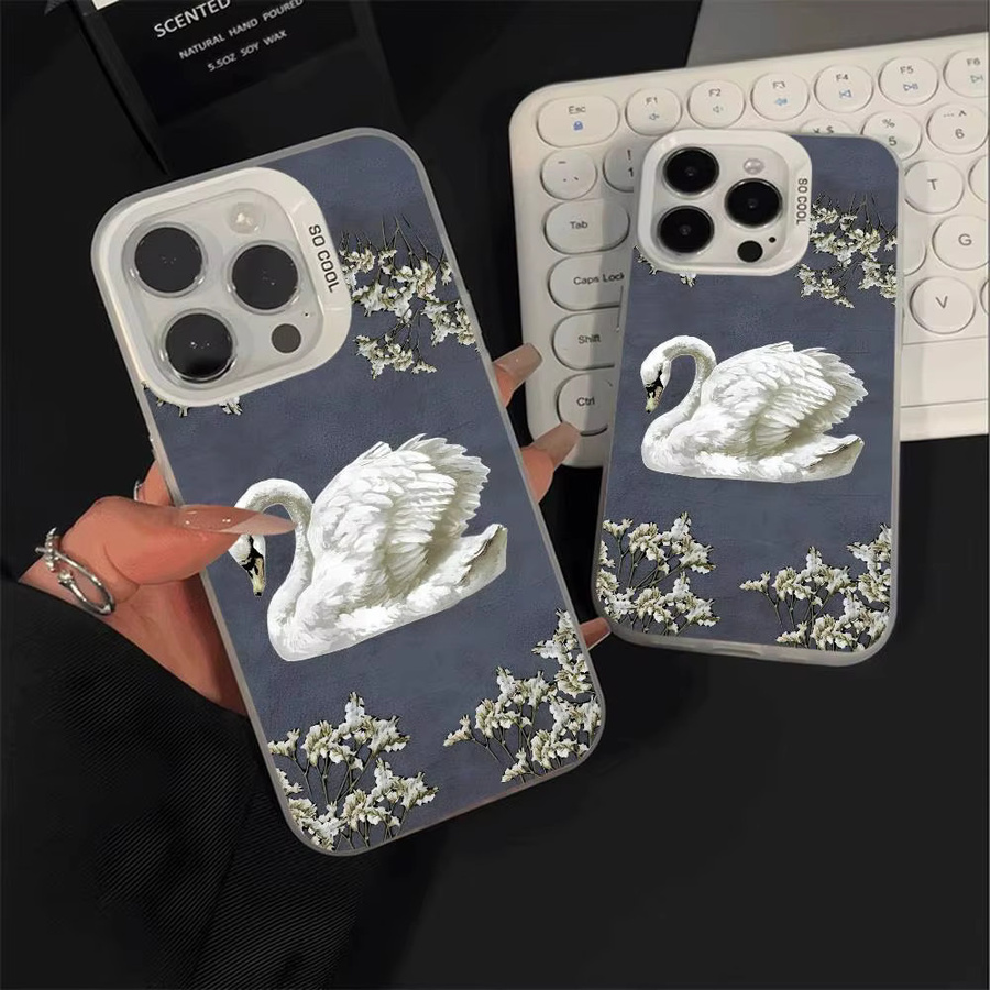 Elegante Handyhülle im Schwan-Design für Apple iPhone 17 16 15 14 13 12 11 Pro Max Plus in Weiß und Silber - Bild 3