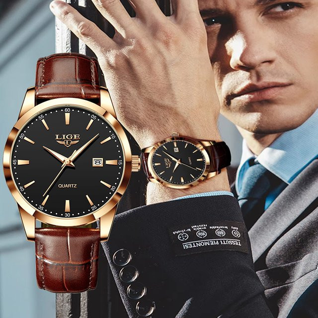LIGE Armbanduhr Quarz, Leder, Schwarz, Gold, Herren - Bild 1