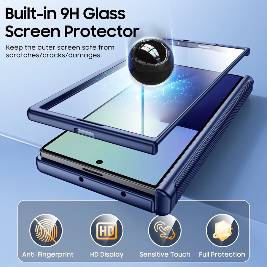 Magnetische Samsung Galaxy Z Fold 7 Handyhülle mit integriertem 9H Glas-Displayschutz, Scharnierschutz und verstecktem Ständer in Blau - Bild 4