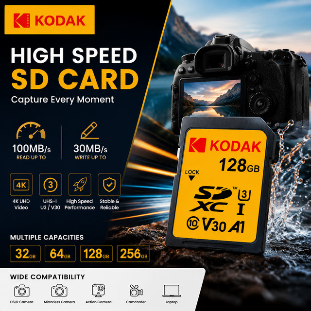 Kodak Professional SD-Karte UHS-I U3 V30 Hochgeschwindigkeits-Speicherkarte für 4K Video und Fotografie in Schwarz - Bild 1
