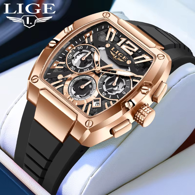 LIGE Armbanduhr Quarz, Silikon, Schwarz, Roségold, Herren - Bild 5