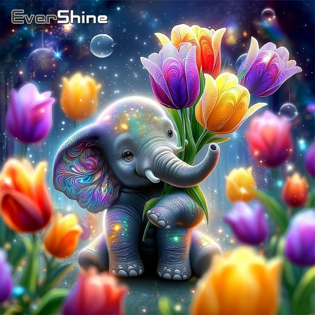 EverShine DIY Diamant-Stickerei Elefant mit Tulpen als 5D Mosaik Bild in Multicolour, B/T/H: 20 x 20 x 20 cm - Bild 1