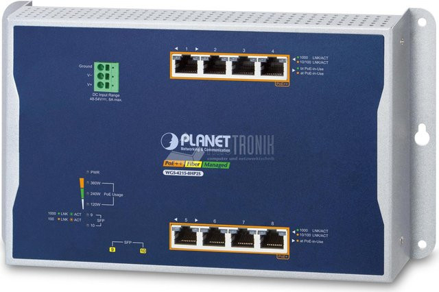 PLANET IP30 Managed L2/L2+ Gigabit Ethernet Network Switch mit 4-Port PoE, IPv6/IPv4, Blau-Grau (WGS-4215-8HP2S) - Bild 1