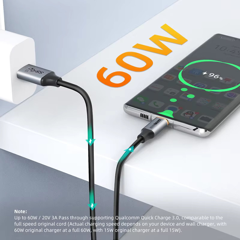 CABLETIME USB 3.2 auf USB-C Kabel in Schwarz mit 10Gbps Datenübertragung und 60W QC 3.0 Schnellladefunktion, geflochtenes PVC-Kabel für Smartphones und SSD-Gehäuse - Bild 2