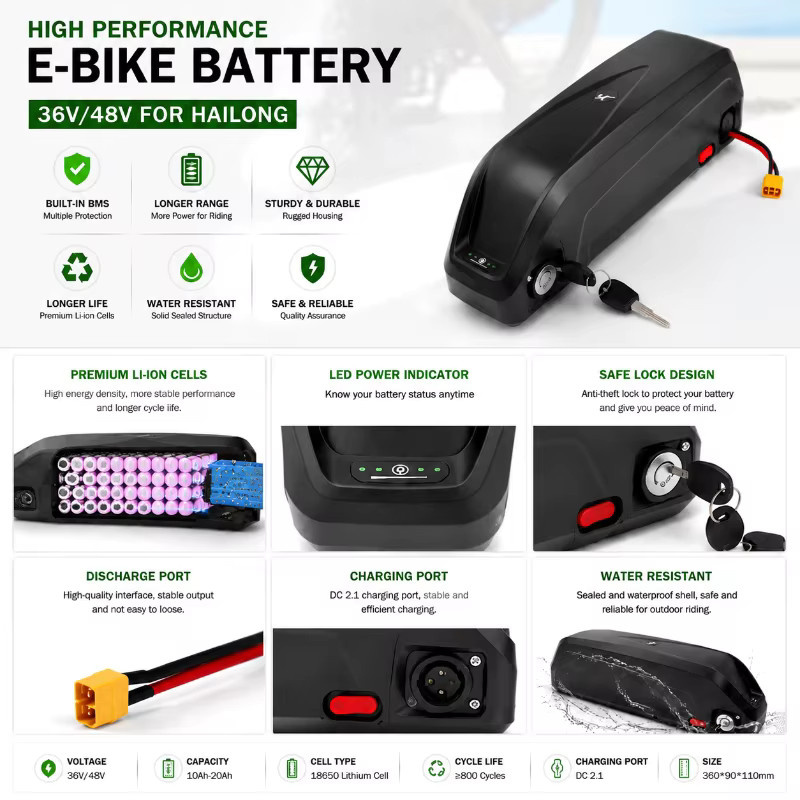 E-Bike Akku mit 40Ah und 30A BMS für 350W 500W 750W 1000W Motoren inklusive Ladegerät, Schwarz - Bild 4