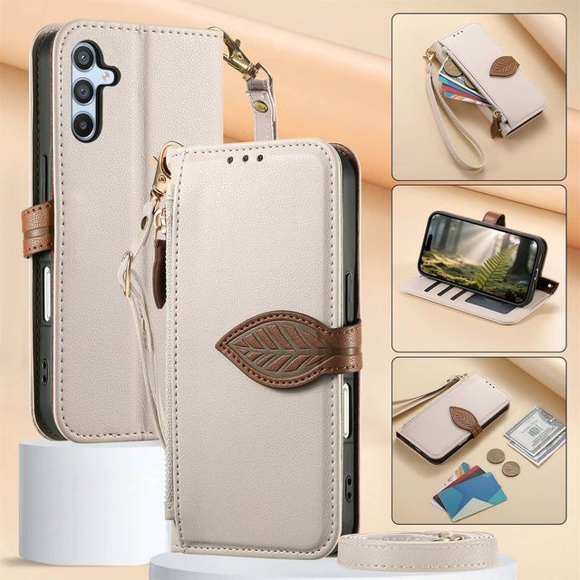 Samsung Handyhülle mit Reißverschlusstasche, Kartenfächern, Handschlaufe und Lanyard für Galaxy A71 4G A56 A55 A54 A36 A35 A26 A25 A17 A16 A05 A04 in Schwarz oder Beige - Bild 1