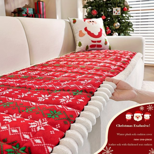 DUTRIEUX Plüsch Kissenbezug mit Schneeflocken-Design in Rot und Grün, Gestepptes Winter-Dekokissen im Nordic-Stil - Bild 1