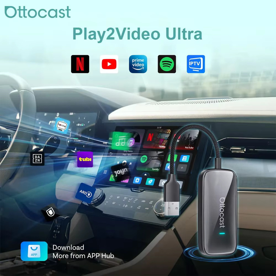 Ottocast Play2Video Ultra AI Box Wireless CarPlay und Android Auto Adapter mit YouTube, Netflix und IPTV in Schwarz - Bild 2