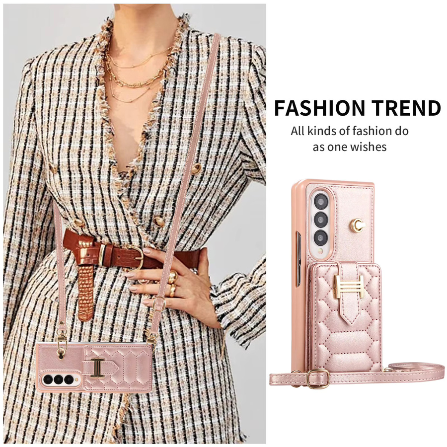 Samsung Folio Handyhülle für Galaxy Z Fold mit Handgelenkschlaufe, Leder-Kartenhalter und Brieftaschenfunktion in Gold oder Pink - Bild 4