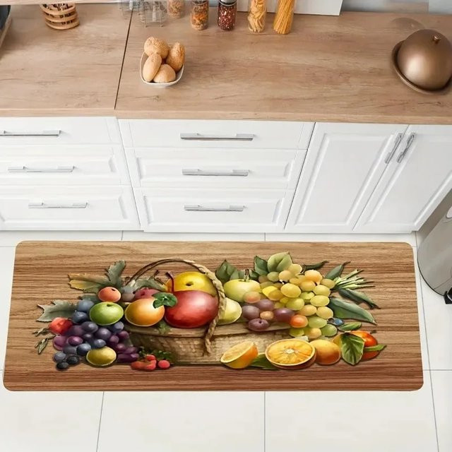 VIKAMA Küchenmatte mit Holzmaserung und Fruchtmuster in Multicolour, gepolsterte Anti-Ermüdungs-Bodenmatte im rustikalen Design - Bild 1