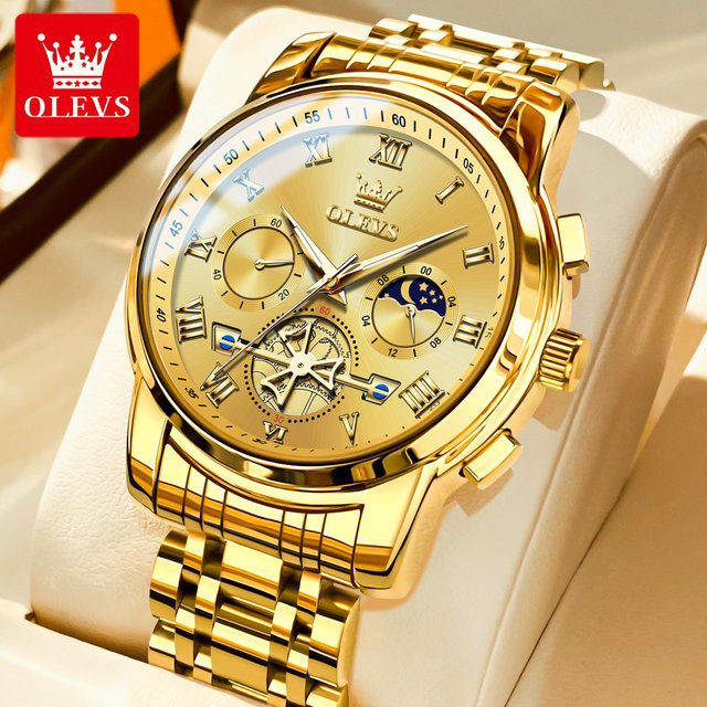 Olevs Armbanduhr Herren, Quarz, Edelstahl, Gold, Blau, Rund - Bild 1