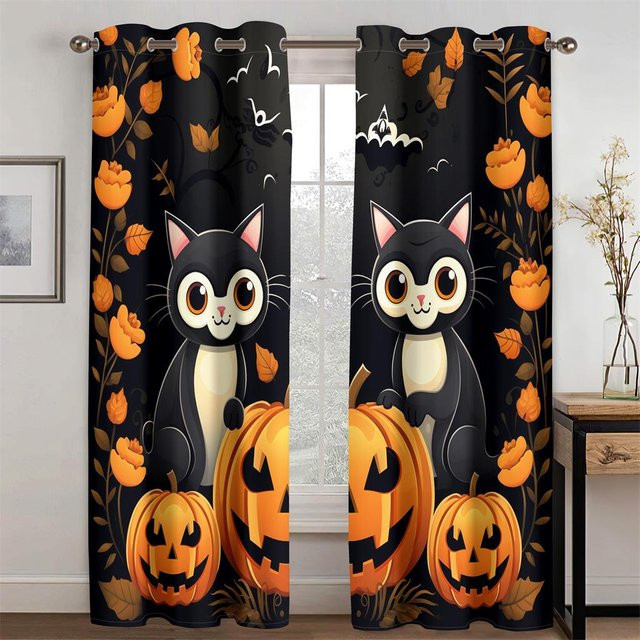2-teiliges Halloween-Vorhangset mit Kürbiskopf-Motiv in Gelb und Schwarz von Household supplies MH, B: 50 cm, H: 130 cm - Bild 1