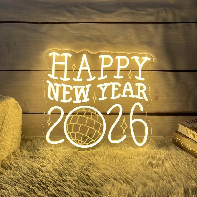 Dimmbares LED-Neonschild Frohes Neues Jahr 2026 mit Disco-Kugel für deine Wanddekoration in Retro-Optik - Bild 1