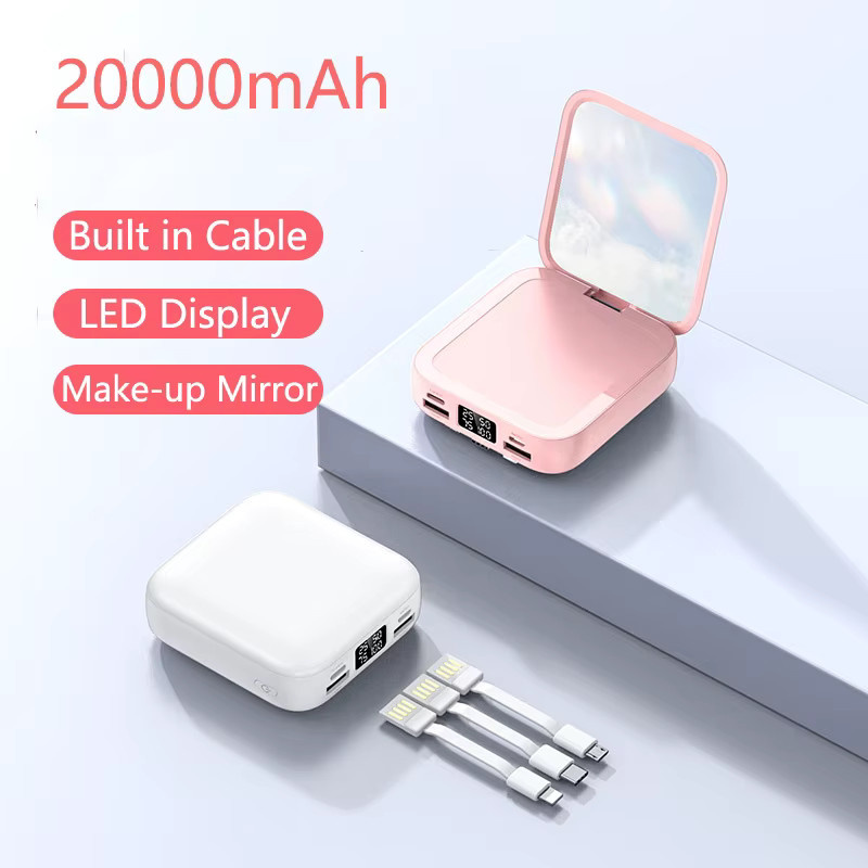 Tragbare 20000 mAh Power Bank mit Make-up-Spiegel und Digitalanzeige in Weiß für iPhone, Samsung und Xiaomi - Bild 1