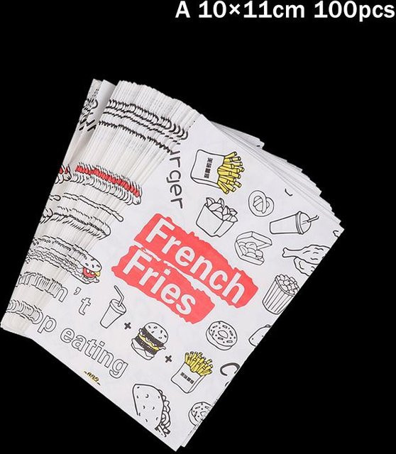 Binchi Outdoor Product Einweg-Papiertüten für Fast Food mit Pommes und Burger Motiv, weiße Take-away-Tüten für Restaurants und Snack-Shops, 100 Stück - Bild 1