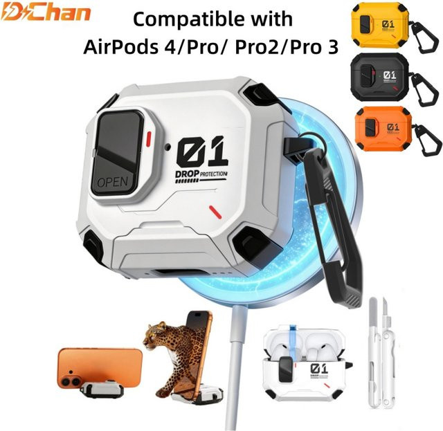 Sicherheitsverschluss Kopfhörerhülle für Apple AirPods Pro 2 und Pro 3 mit automatischem Öffnungsmechanismus und MagSafe Kompatibilität in Weiß oder Gelb - Bild 1