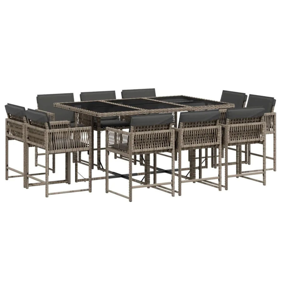 vidaXL 11-tlg Garten-Essgruppe aus Poly Rattan in Grau mit Kissen und Hartglas-Tischplatte - Bild 2