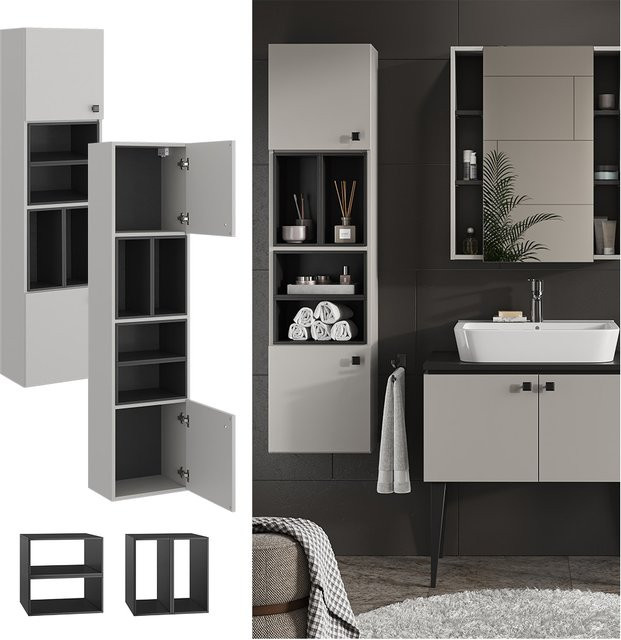 Vicco Hängeschrank Gerta Badmöbel in Grau-Schwarz mit 2 Türen und offenen Fächern, B: 37,5 cm, H: 150 cm - Bild 1