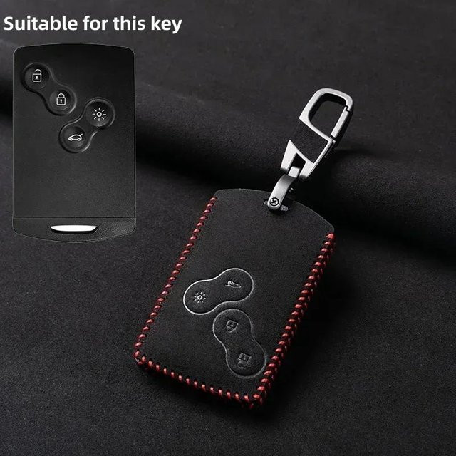 Leder Schlüsselabdeckung und Schlüsselanhänger für Renault Kadjar Captur Clio Megane Koleos Logan Scenic Duster in Schwarz - Bild 1