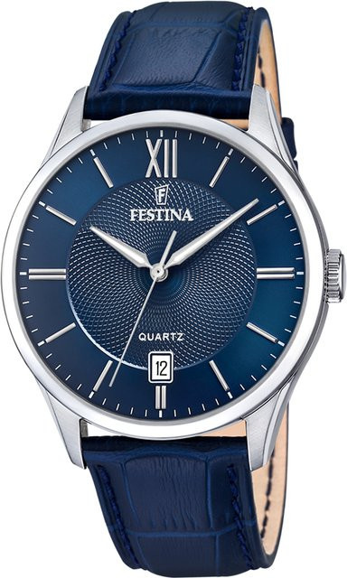 Festina Herrenuhr, Quarz, Edelstahl, Blau, Leder, 43 mm - Bild 1