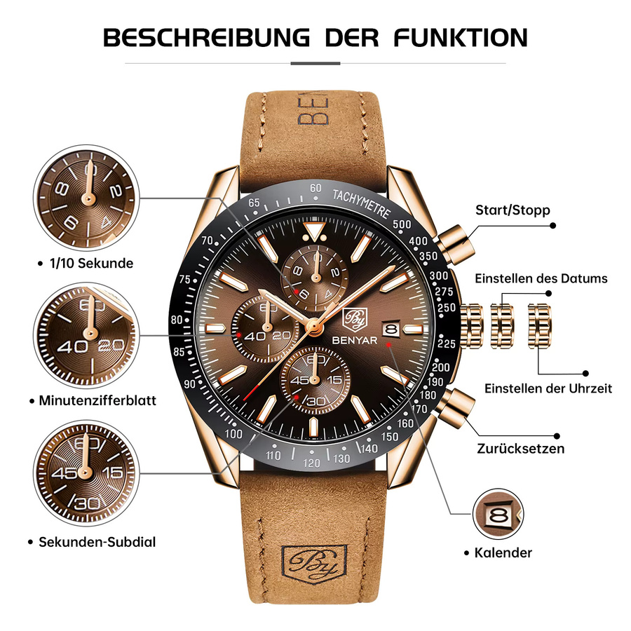 BENYAR Chronograph Armbanduhr Edelstahl, Quarz, Schwarz, Herren - Bild 6