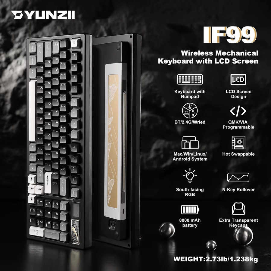YUNZII IF99 Mechanische Gaming-Tastatur in Schwarz mit Smart LCD Display, QMK/VIA Custom, Wireless und RGB-Beleuchtung für Mac und Windows - Bild 1