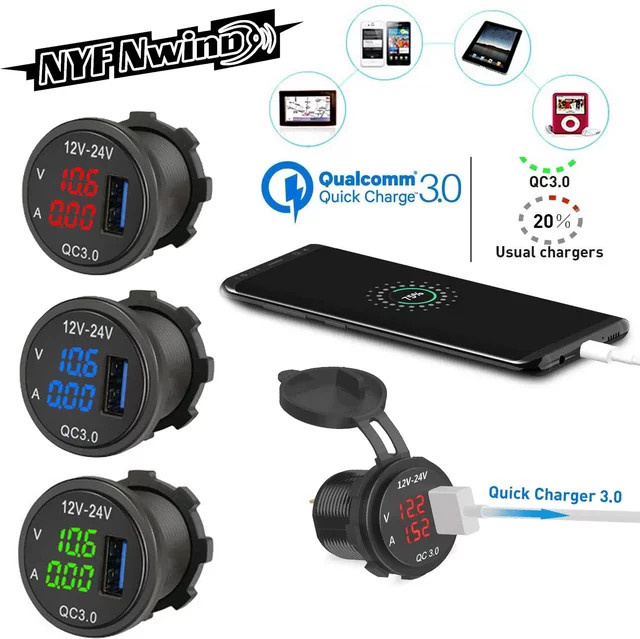 velev QC3.0 Autoladegerät mit Voltmeter und Amperemeter in Schwarz für Motorrad, Marine und Boot, 12V/24V, wasserdicht - Bild 1