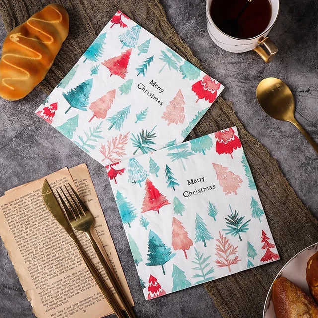 GUANYAO Weihnachts-Servietten mit buntem Weihnachtsbaum-Print, 20 Stück pro Packung, B/B: 33 x 33 cm, Mehrfarbig - Bild 1